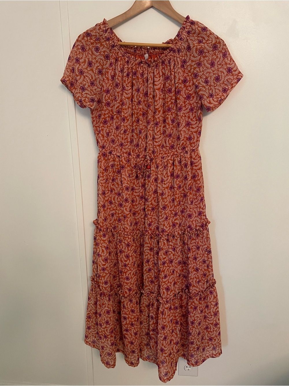 Derek Heart Harlow & Rose Rust-Pink Floral Tiered Midi Dress boho Sz: S Peasant